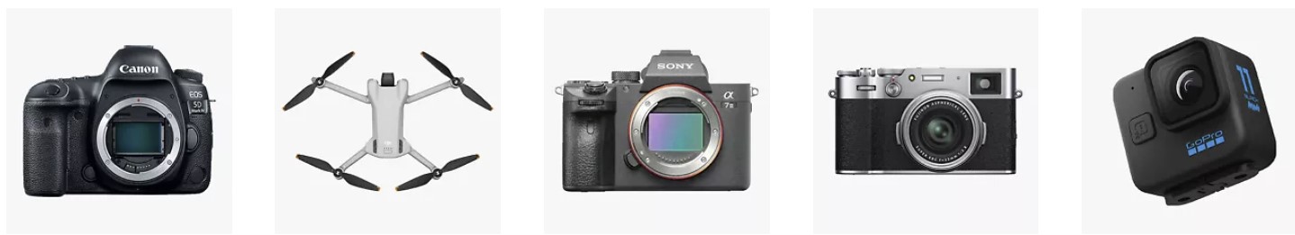 Canon, Sony and GoPro cameras and a drone on white backgrounds. 
