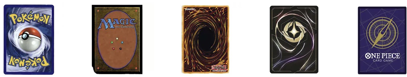 Backs of Pokémon, Magic, One Piece collectible cards. 