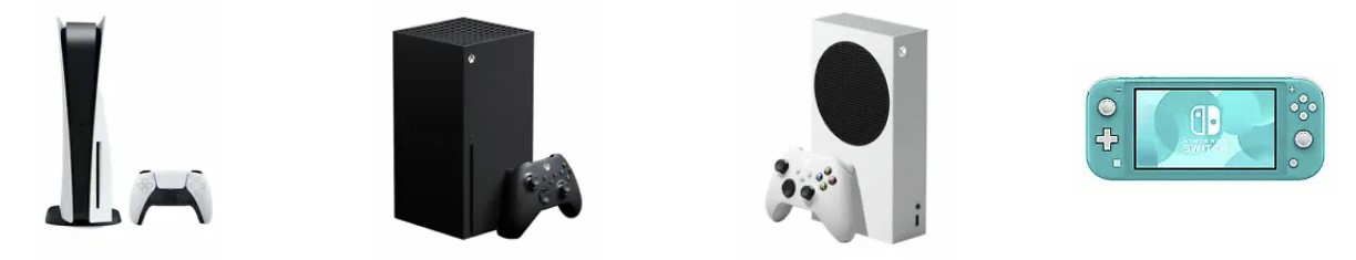 Gaming devices with controllers against a white background.