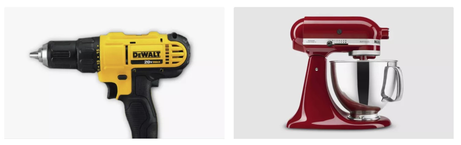 DeWalt handrill and household stand mixer depecting the most popular products in eBay's Home and Garden category.