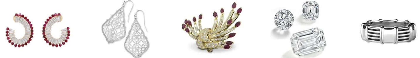 Earrings, broches and rings depicted against a white background. 