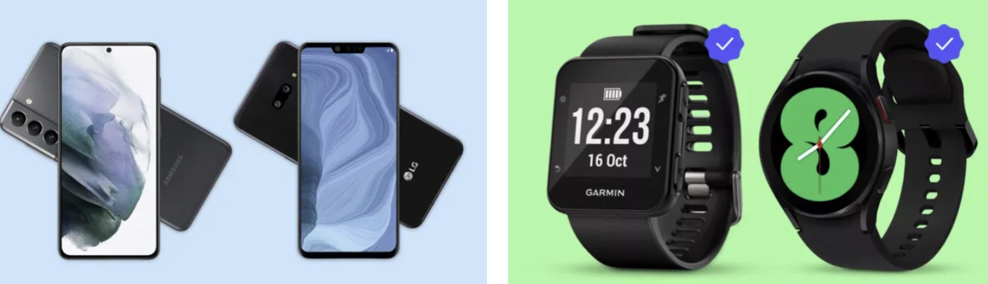 Smartphones and Smartwatches in two separate images against monochrome backgrounds.