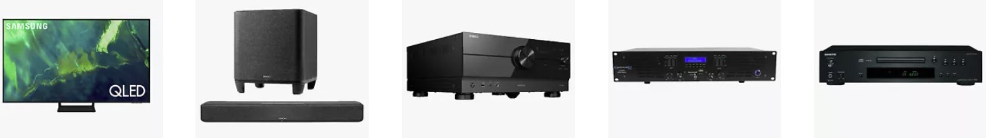 Consumer electronics, such as TVs and soundbars against white backgrounds. 