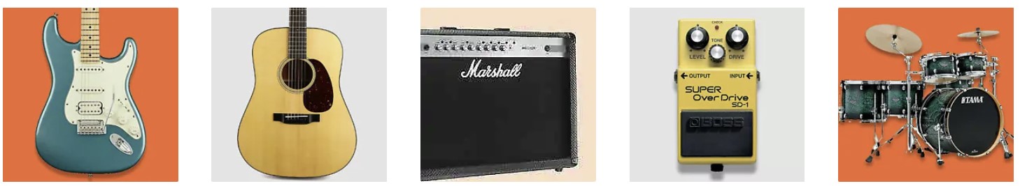 Musical instruments, amplifiers and other musical equipment depicted against monochrome backgrounds.