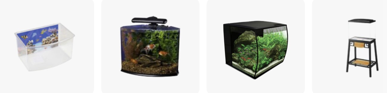 Glass and plasctic acquariums against a white background.