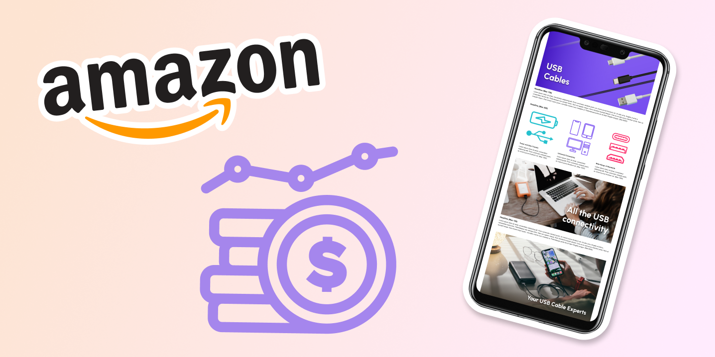 Amazon A+ content listings along with the company's logo and a sales progression graph.