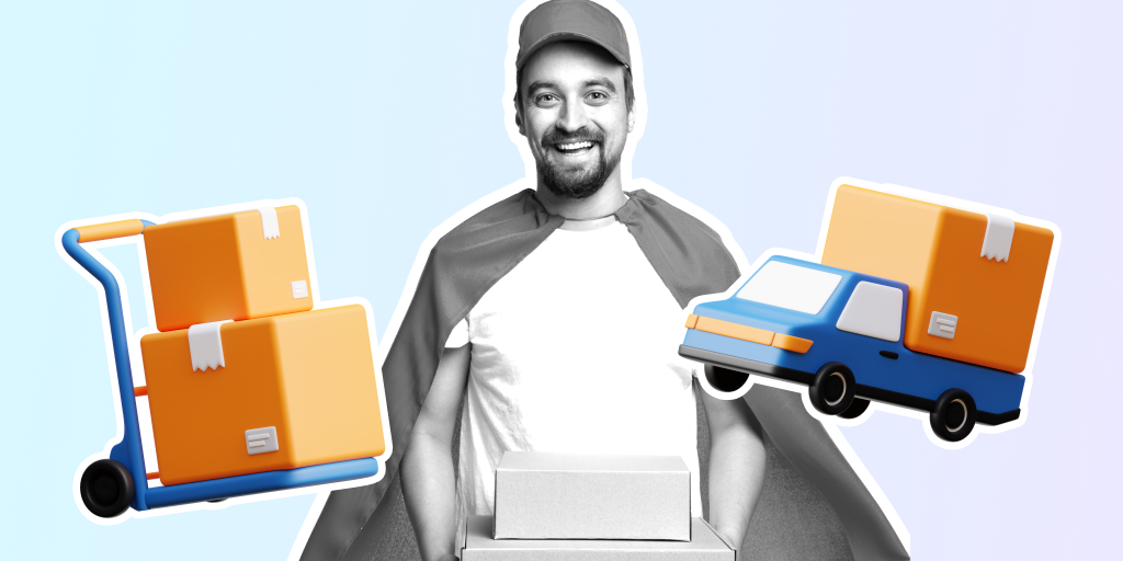 A man with several packages in his hands. A delivery truck is on his right and two boxes on his left side.