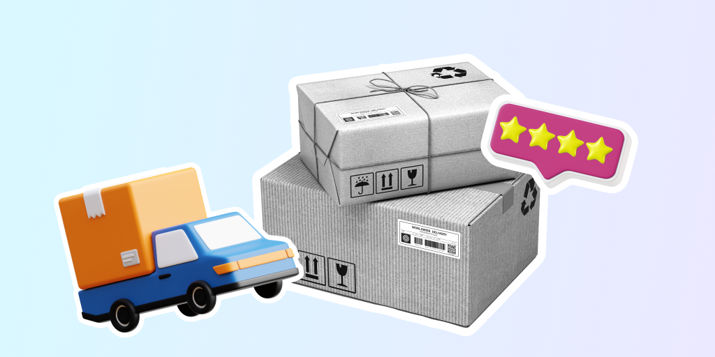 Two packages stacked upon each other with a delivery truck in the lower left corner of the picture. 