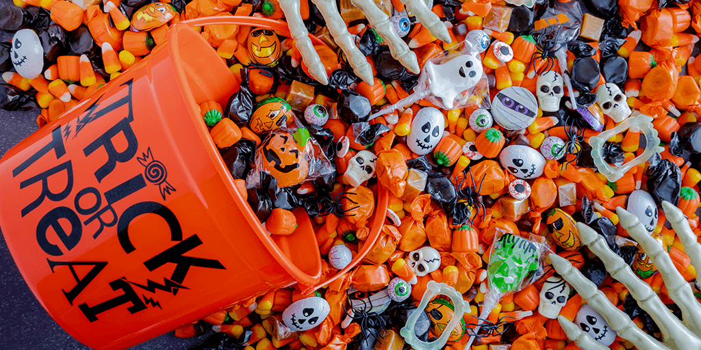 A bucket with Halloween candy