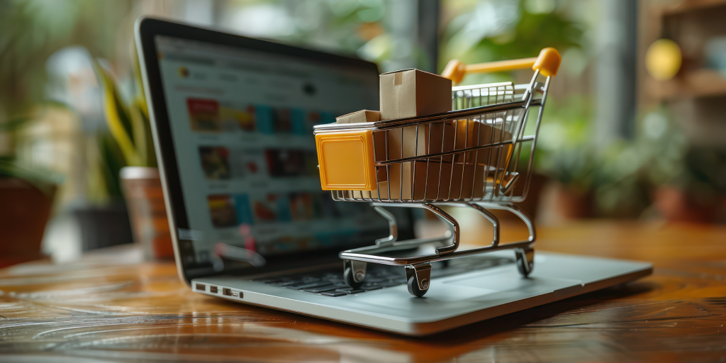 A small shopping cart filled with packages on a laptop.