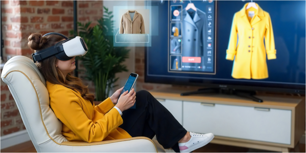 A women sitting in an armchair wearing a 3D headset. Virtual representations of clothing items are in the background.