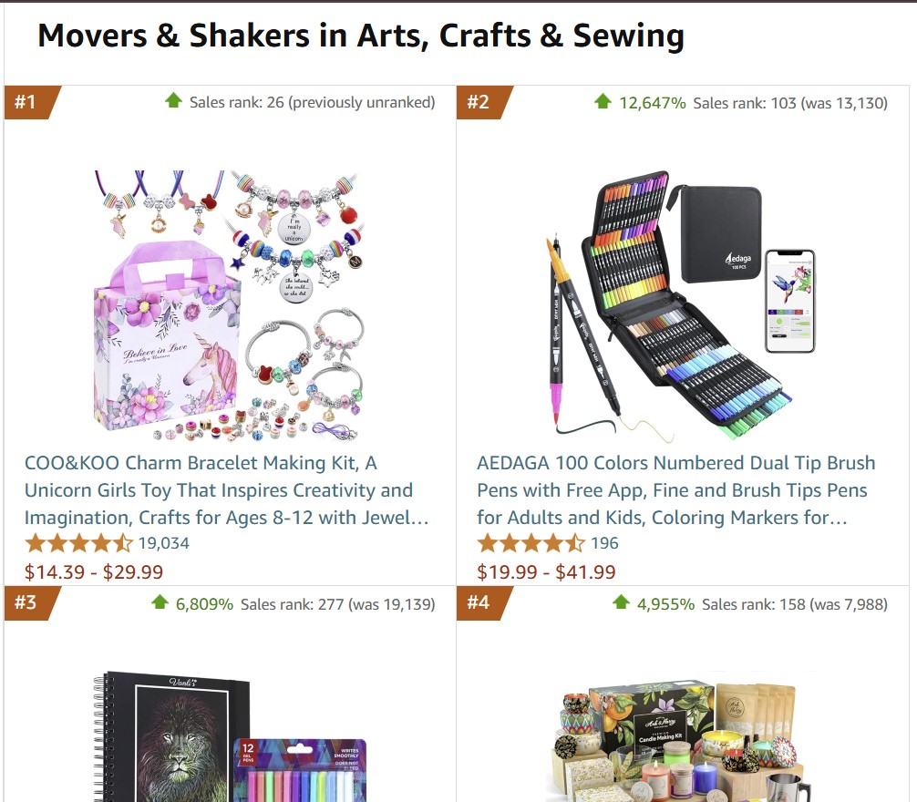 A view of the movers and shakers section on Amazon