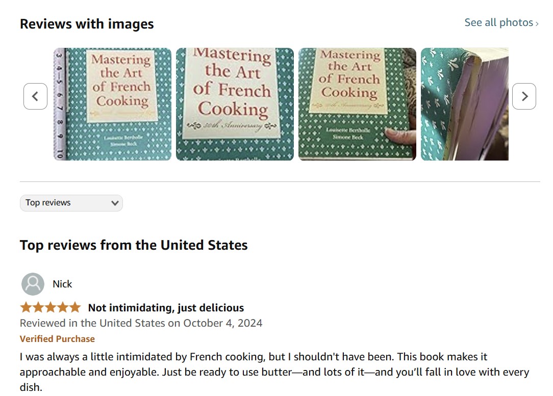 A view of the customer reviews on Amazon with several images of the book 'Mastering the Art of French Cooking.'