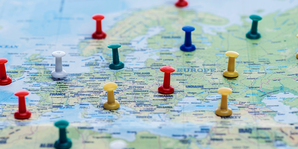 The map of Europe with pins.