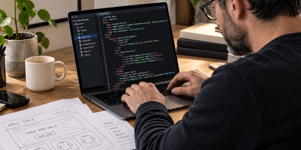 A man editing code in an HTML editor on a laptop.