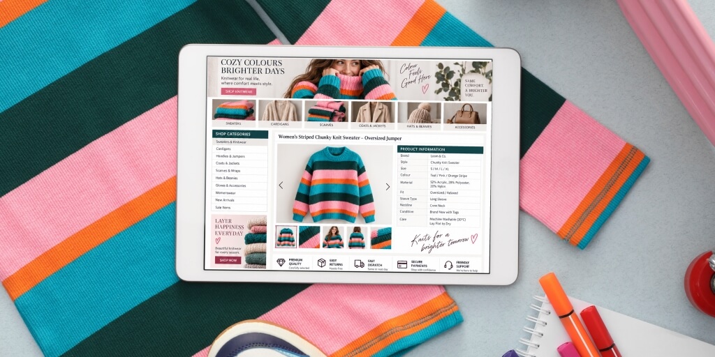 A tablet showing a sweater on its display.